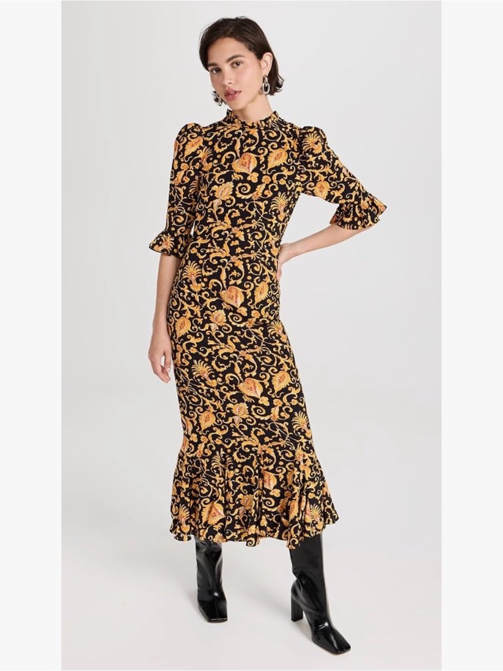 RHODE Felix Dress Black & Gold Floral Midi Dress with Ruffle Hem Sz 10 - Picture 7 of 17